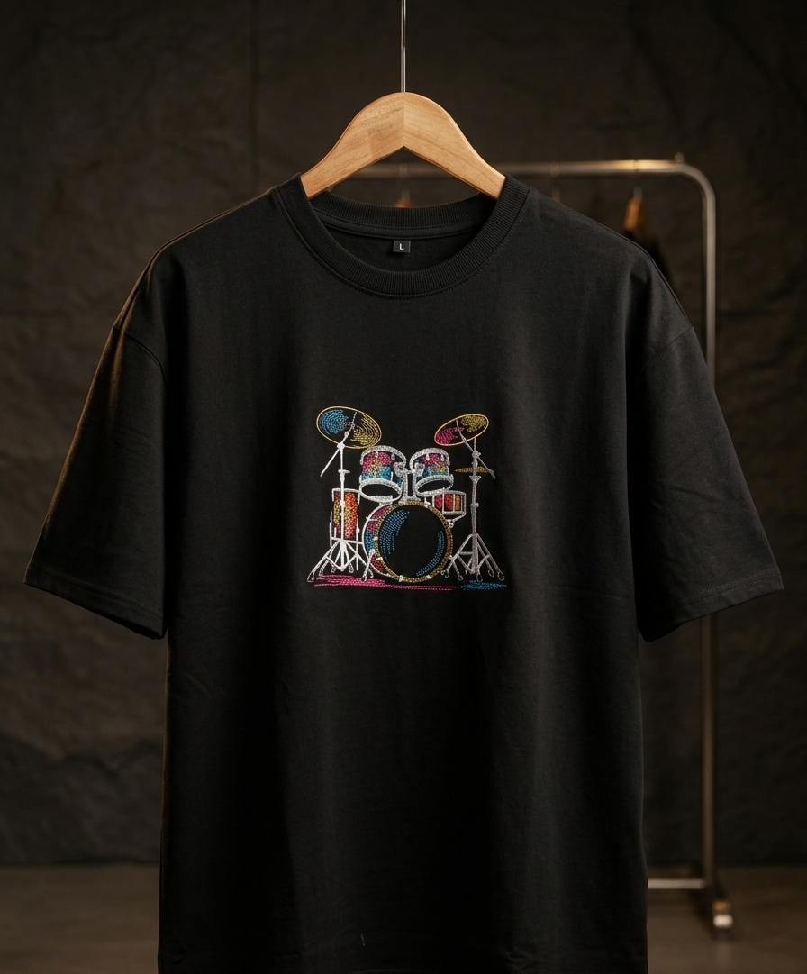 Black t-shirt with a colorful drum set graphic on a hanger against a dark background