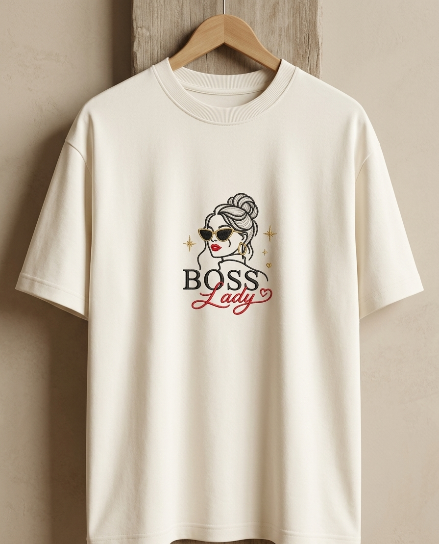 White t-shirt with 'Boss Lady' graphic on a wooden hanger against a beige wall.