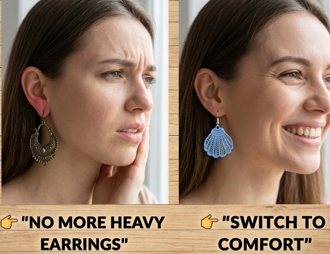 Two women wearing earrings with text indicating a preference for comfort over heaviness.