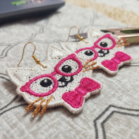 Cute Cat Earrings with Pink Glasses & Bow