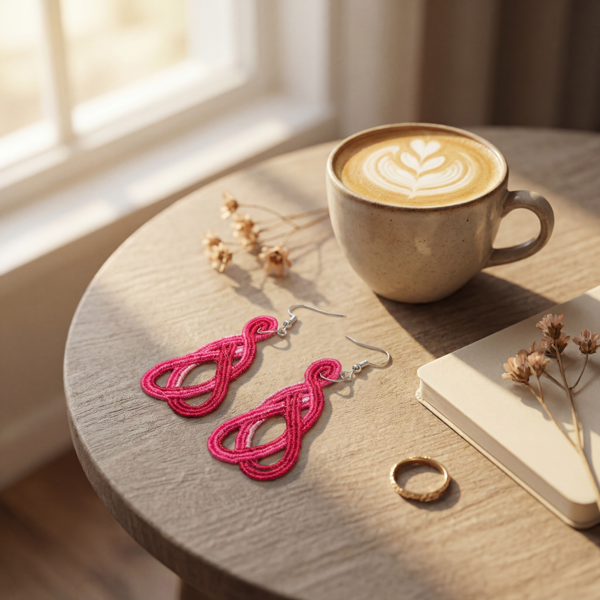 Pink earrings on a wooden table with a cup of coffee and a notebook.
