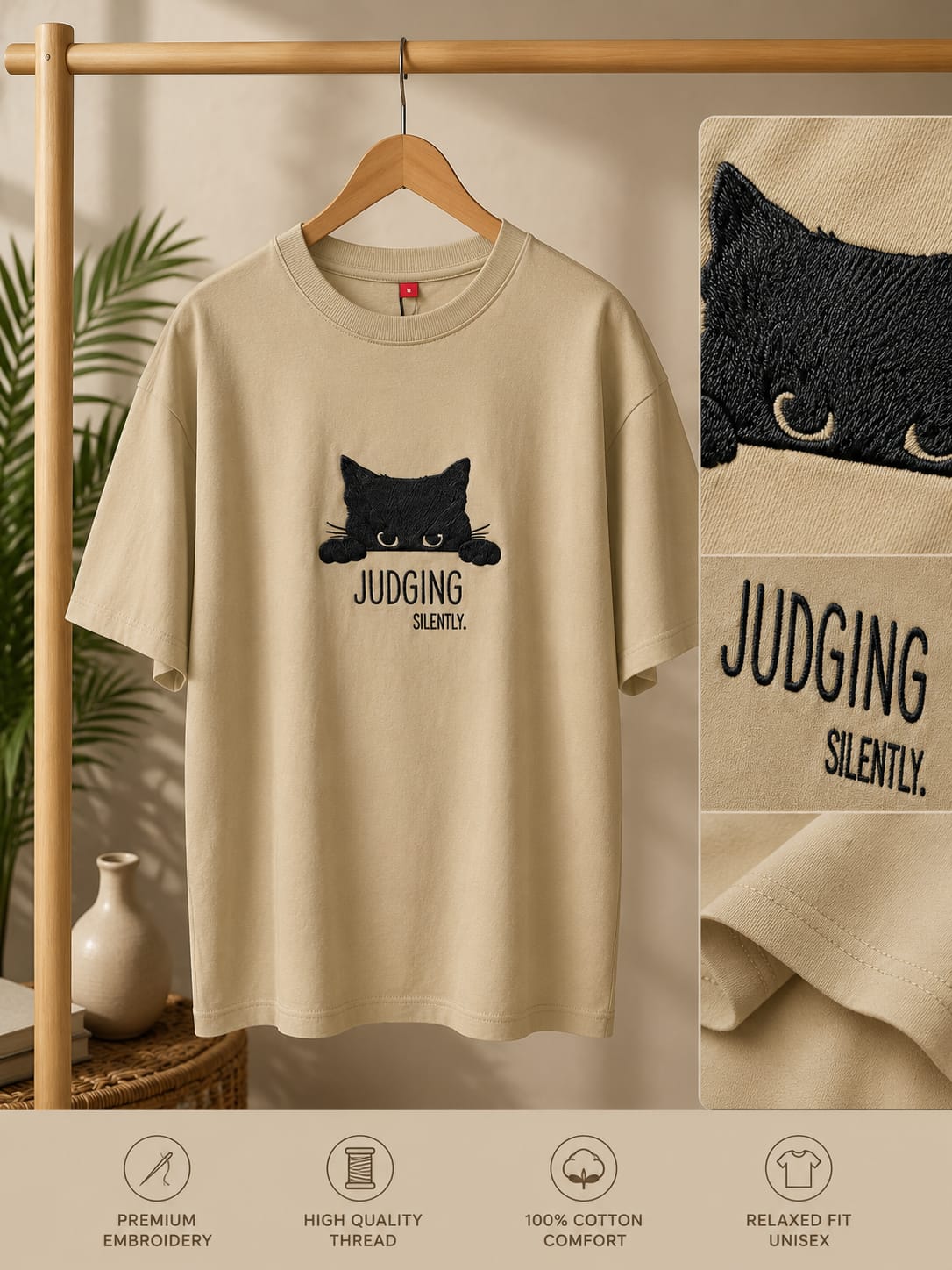 Judging Silently Oversized Embroidered T-Shirt | Cute Cat Aesthetic Beige Streetwear Tee