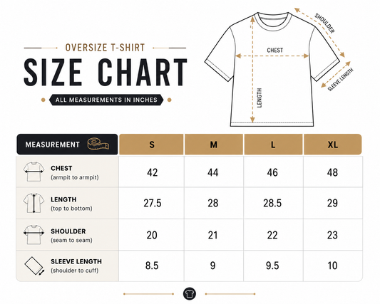Oversize T-shirt size chart graphic with a measurement diagram of a T-shirt and a size table for S, M, L, and XL, showing chest, length, shoulder, and sleeve length in inches.