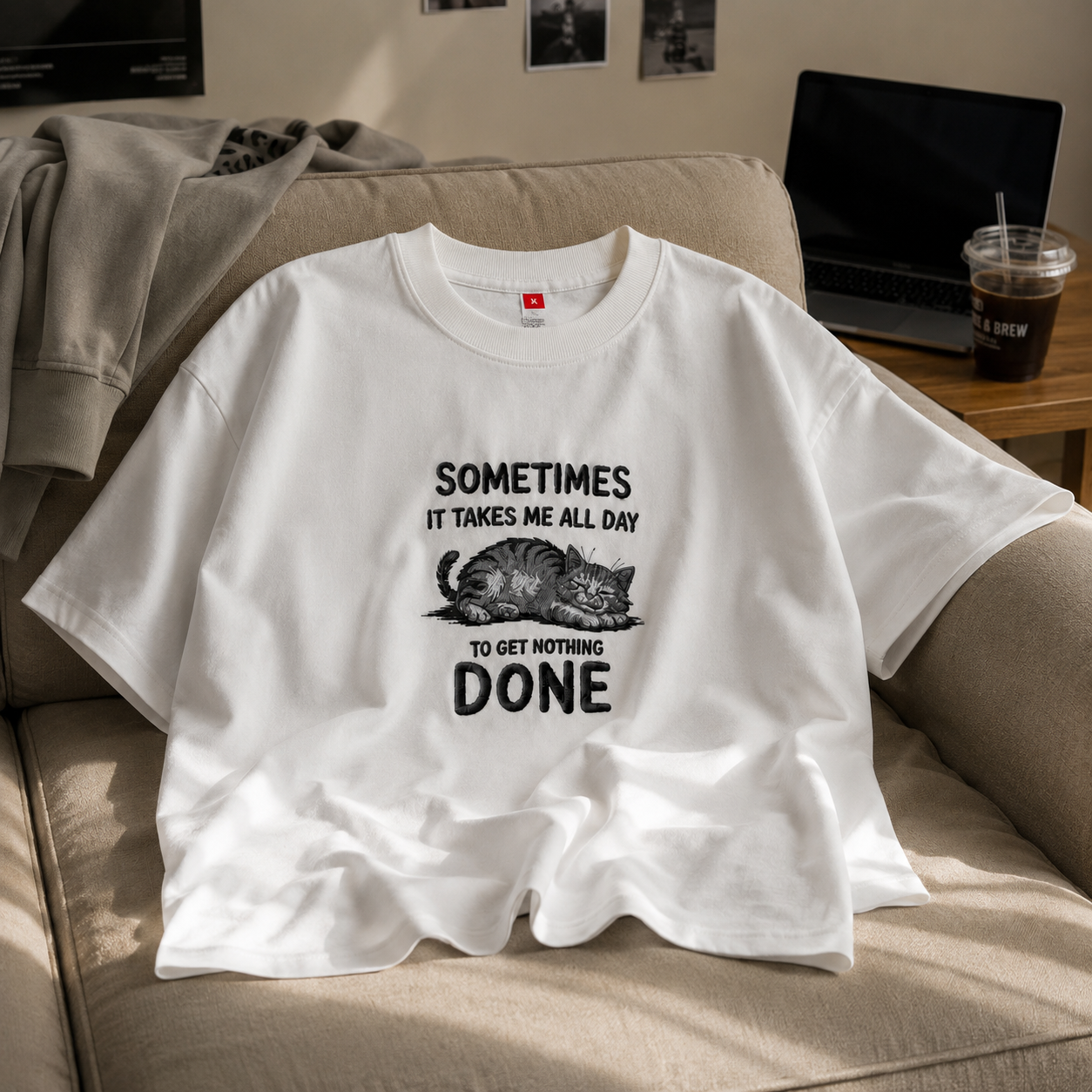 A white short-sleeve graphic T-shirt laid on a beige couch in a real indoor setting, with a printed black cat illustration and text reading 'SOMETIMES IT TAKES ME ALL DAY TO GET NOTHING DONE.' A laptop, jacket, and drink are visible in the background.