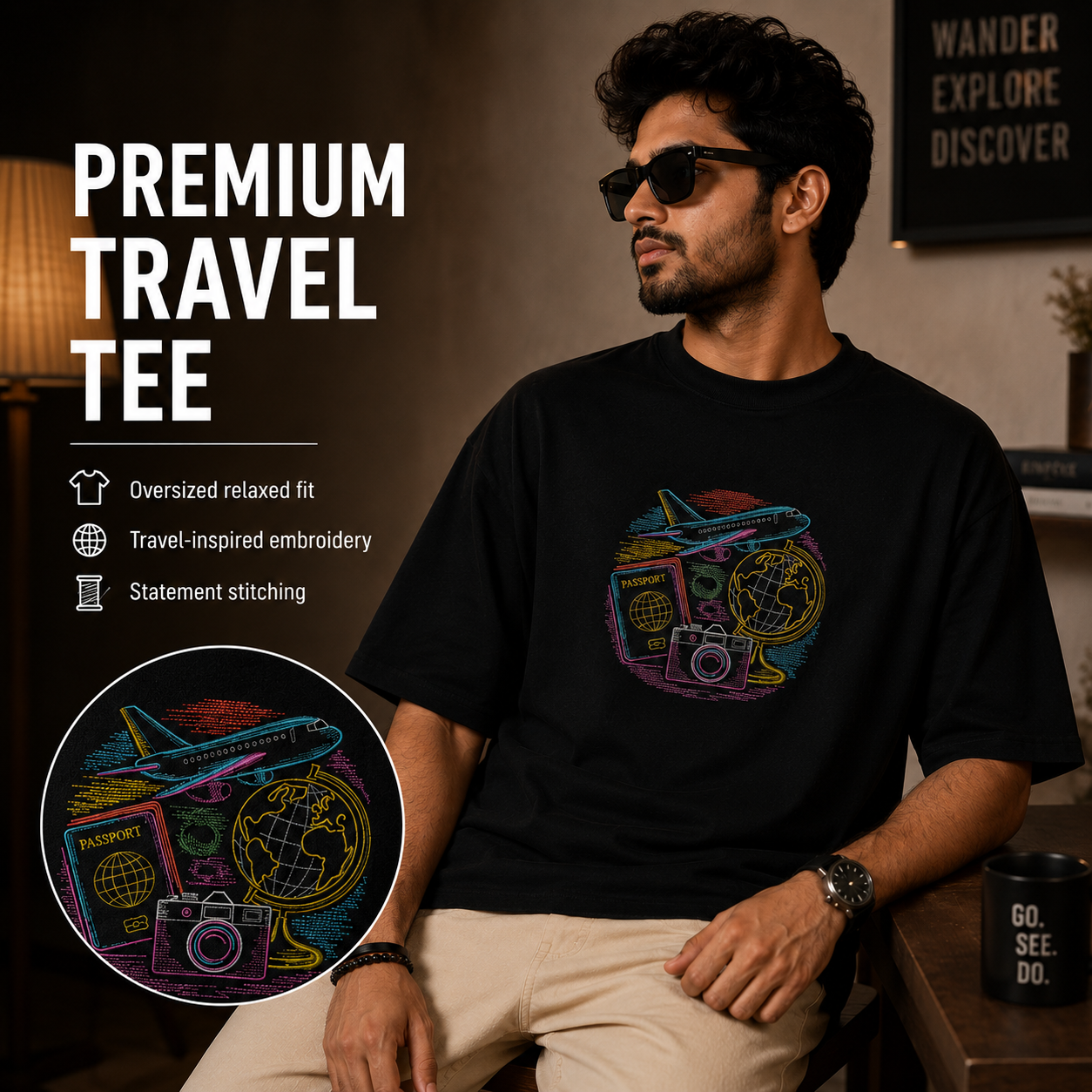 A man wearing a black t-shirt with a colorful travel-themed graphic print featuring an airplane, passport, suitcase, and globe. The image includes promotional text highlighting the oversized relaxed fit, travel-inspired embroidery, and statement stitching, along with a circular zoom-in of the graphic.