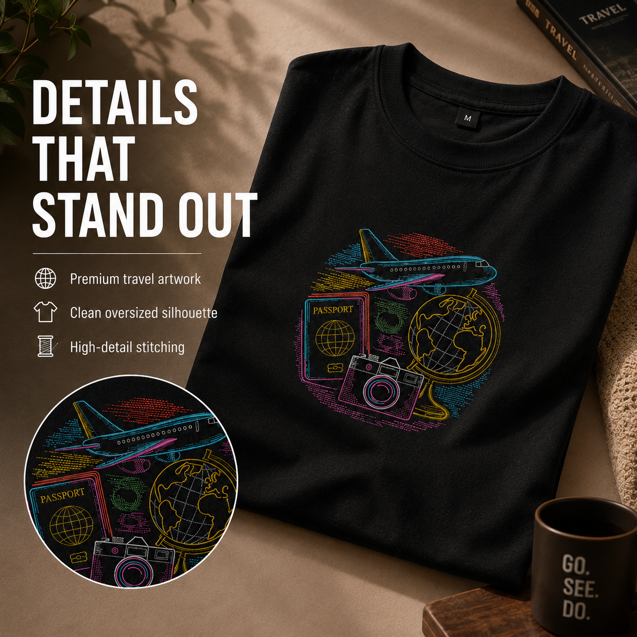 A folded black T-shirt is displayed on a warm beige surface with decorative props and large marketing text reading 'DETAILS THAT STAND OUT.' The shirt features a colorful travel-themed graphic with an airplane, passport, globe, and camera.