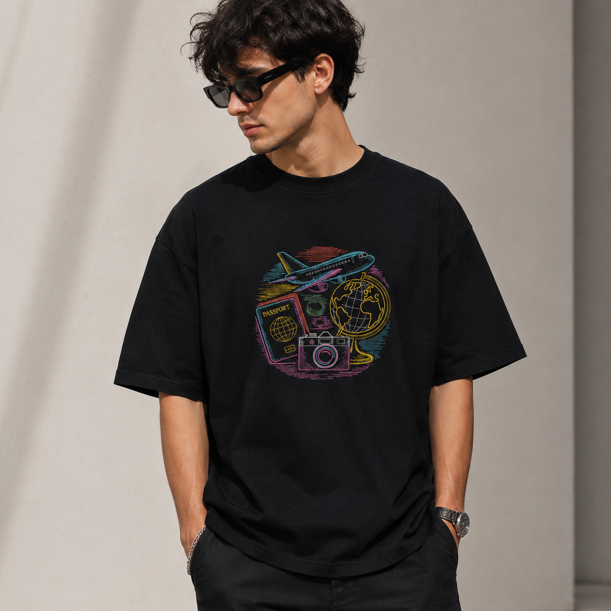 A man wearing a black short-sleeve t-shirt with a colorful graphic print of a travel-themed illustration (airplane, passport, camera, globe) on the front, styled with black sunglasses and dark pants.
