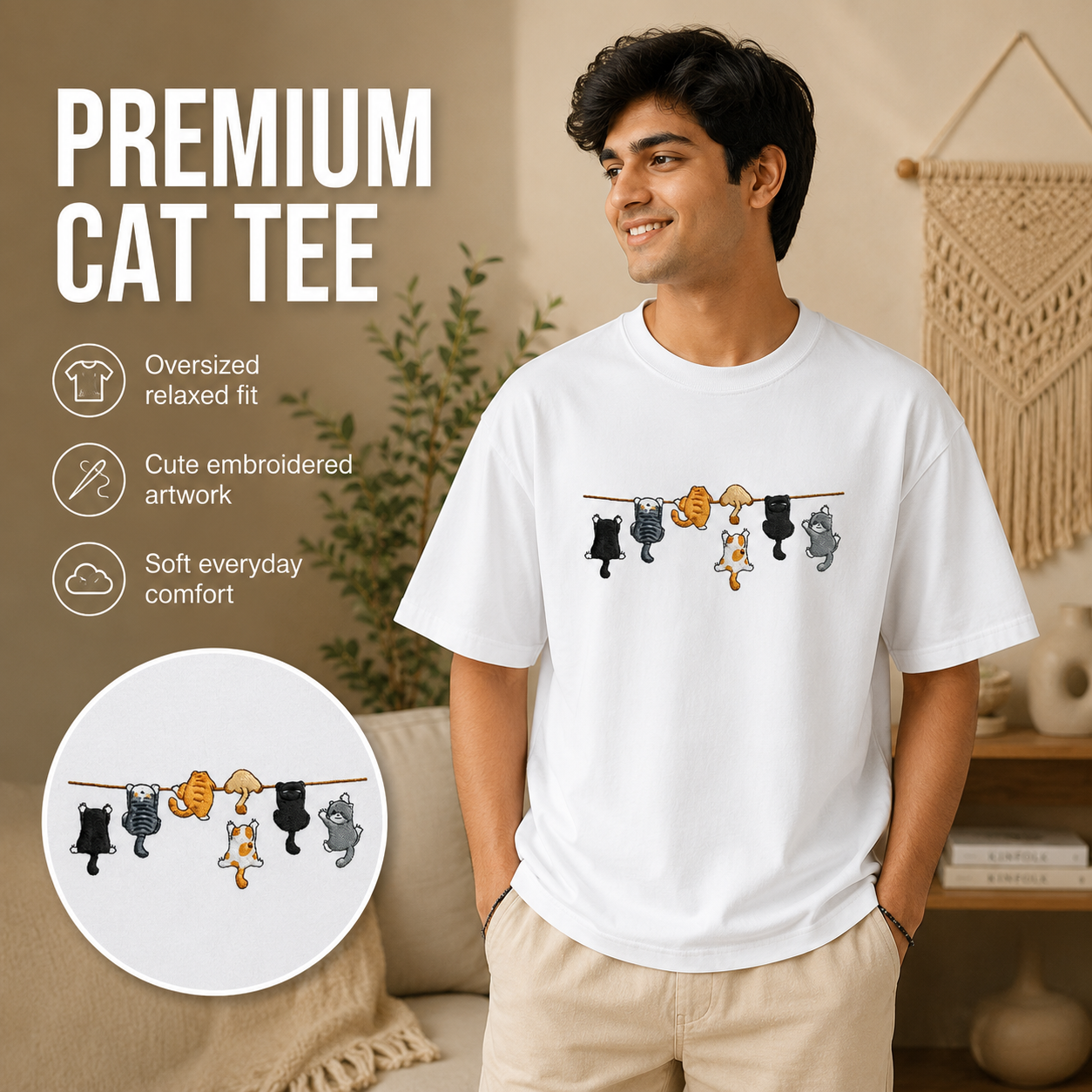 A man wearing a white short-sleeve t-shirt with a graphic of cartoon cats hanging on a clothesline, shown in a cozy living room setting with promotional text on the left.