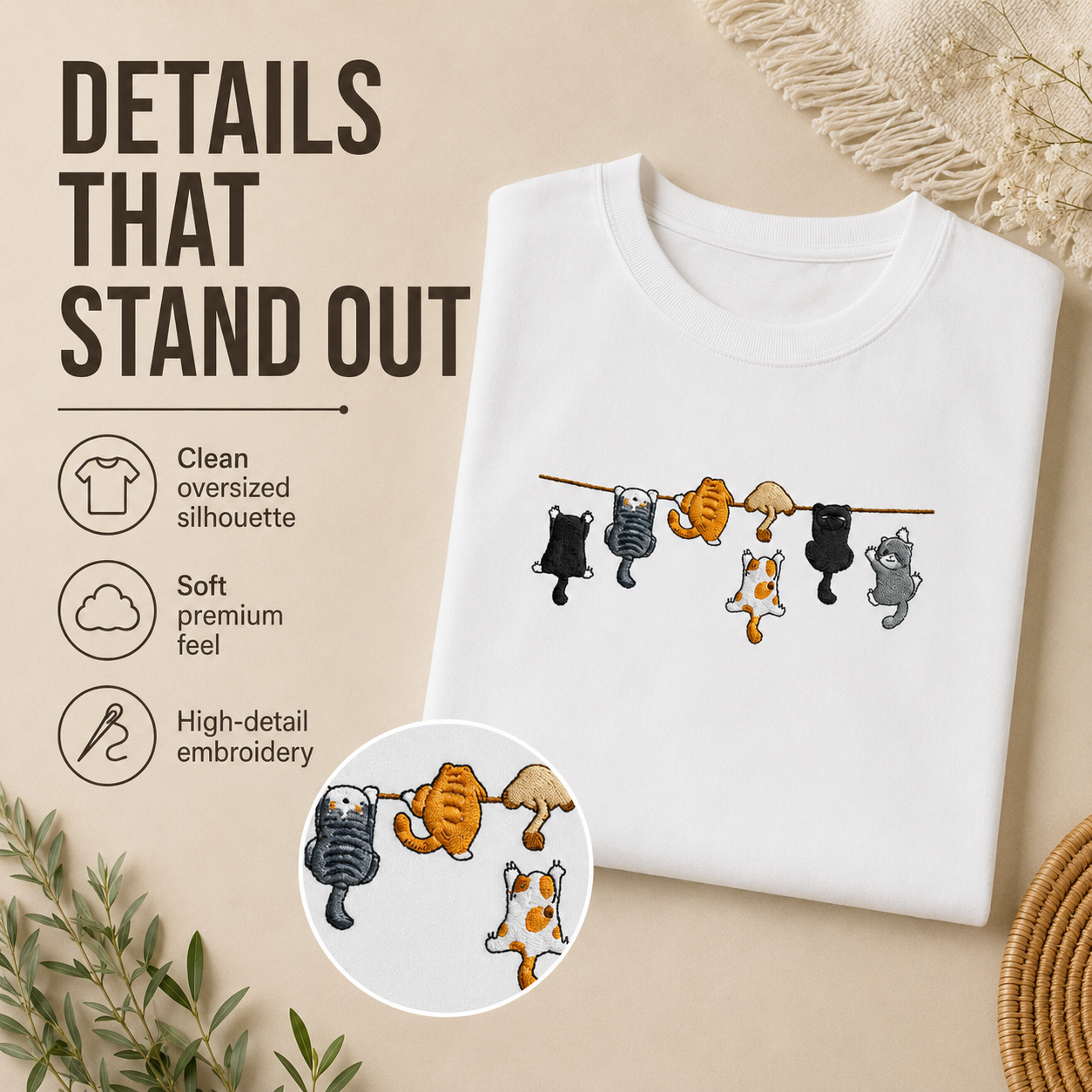A folded white T-shirt is displayed on a beige background with promotional text reading 'DETAILS THAT STAND OUT' and icons highlighting clean oversized silhouette, soft premium feel, and high-detail embroidery. The shirt has a small embroidered line-art print of several cats hanging on a clothesline, and a circular inset zoom shows the embroidery detail.