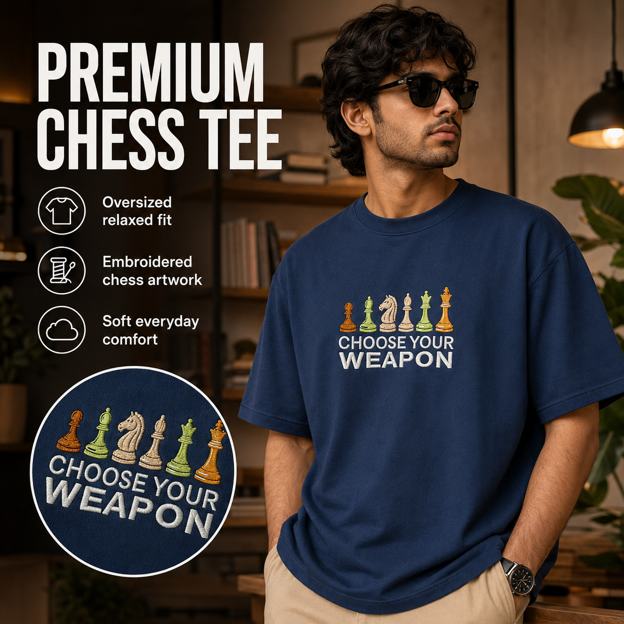 A man wearing a navy blue t-shirt with a chess-themed graphic that reads 'CHOOSE YOUR WEAPON' under a row of colorful chess pieces. The image includes marketing text on the left highlighting oversized fit, embroidered chess artwork, and soft everyday comfort, with a circular inset showing the graphic detail.
