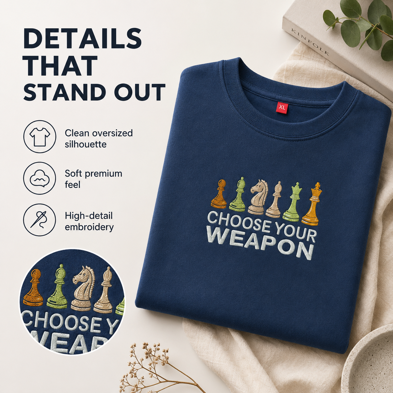 A navy blue folded T-shirt with a printed chess-piece graphic and the words 'CHOOSE YOUR WEAPON' is shown on a styled flat-lay background with text callouts on the left highlighting features like a clean silhouette, soft premium feel, and high-detail embroidery.