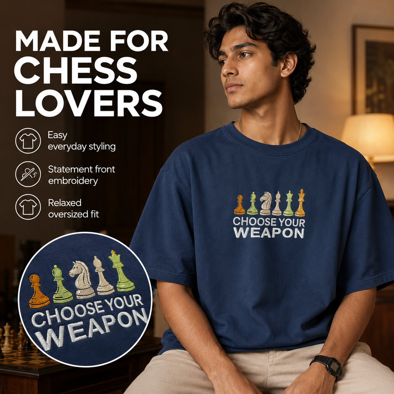 A man wearing a navy blue t-shirt with a chess-themed graphic that reads 'CHOOSE YOUR WEAPON' with white, green, yellow, and orange chess pieces. The image includes promotional text on the left side for 'Chess Lovers' and a circular inset showing the graphic detail.