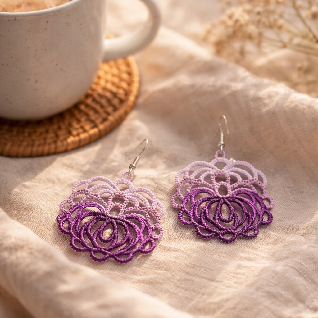 Purple floral earrings on a textured surface with a cup of coffee in the background