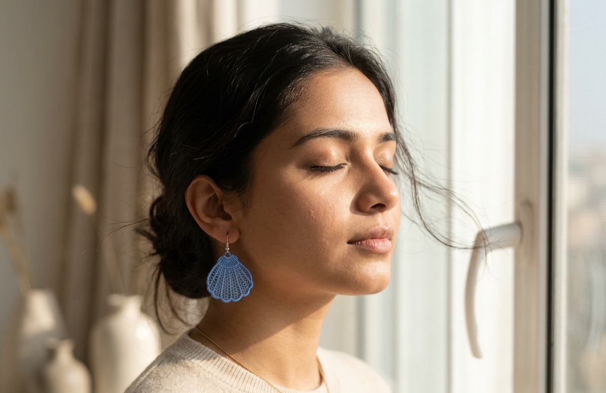 Woman wearing blue shell earrings in a softly lit room.