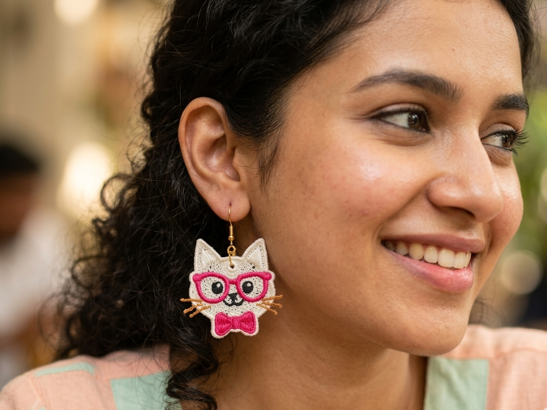 Woman wearing a unique earring with a cat design, smiling outdoors.