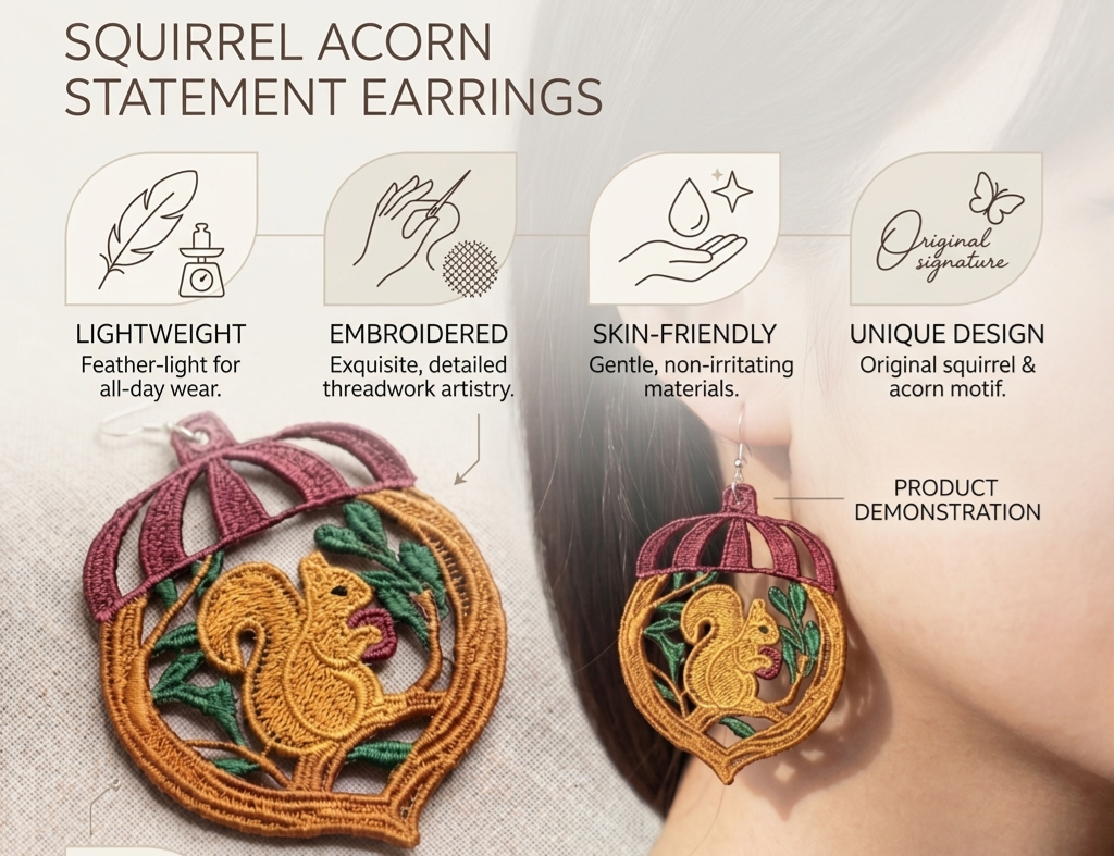 Squirrel acorn statement earrings with product features and a product demonstration.