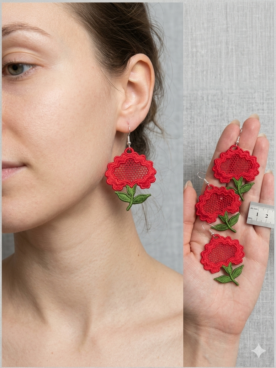 Red floral earrings worn by a person and held in hand with a ruler for scale.