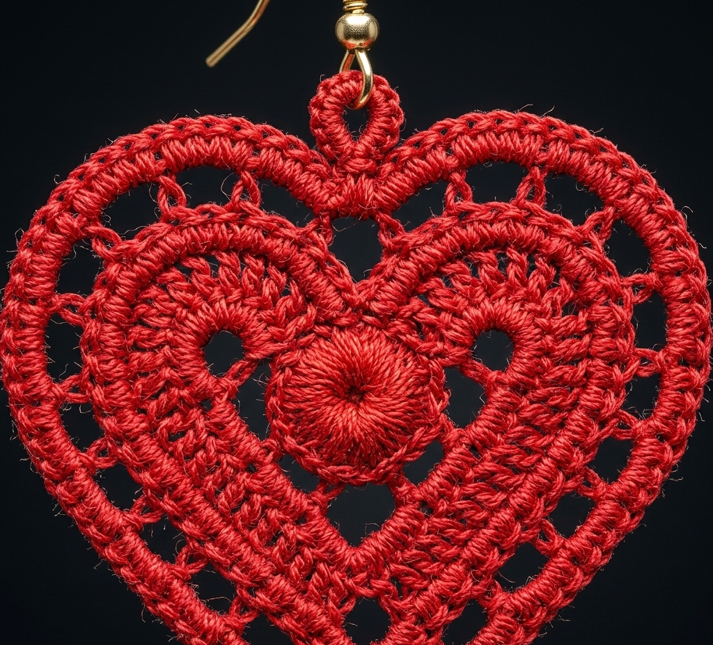 Red crochet heart-shaped earring on a black background