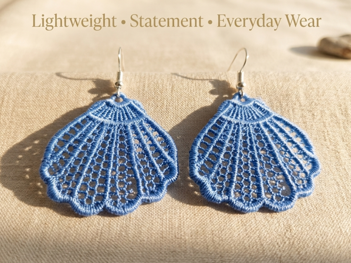 Blue lace earrings on a beige fabric background with text describing their features.