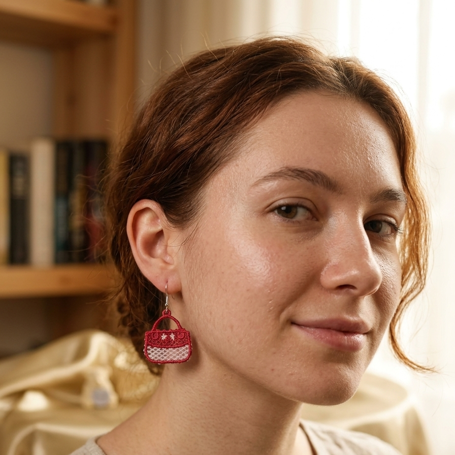 Woman wearing red earrings in a softly lit room