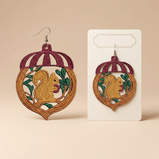Wooden earrings with a squirrel design on a beige background