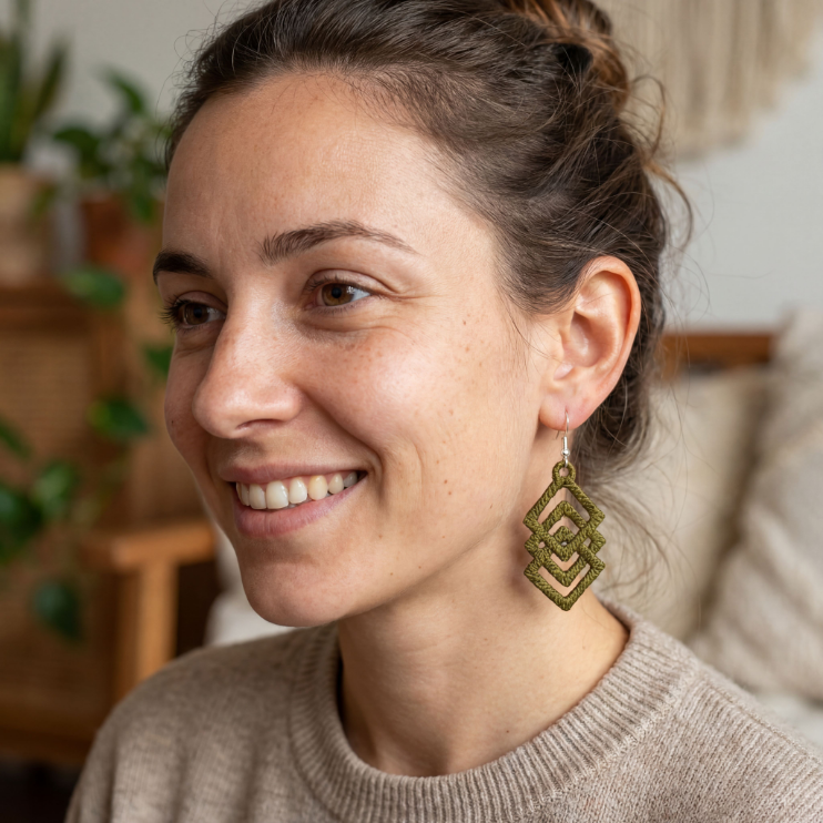 Woman wearing a pair of gold earrings indoors