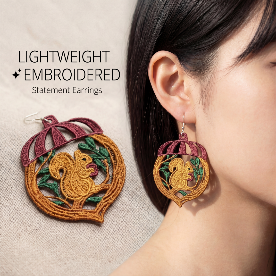 Lightweight embroidered statement earrings worn by a model on a neutral background