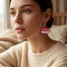 Woman wearing pink earrings with a blurred background