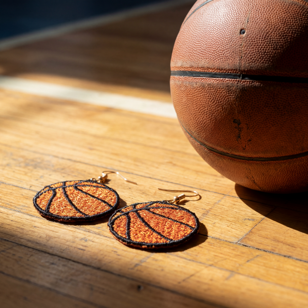 Basketball-themed earrings on a wooden surface with a basketball