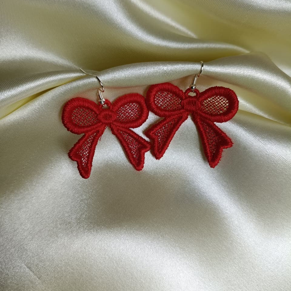 Red Bow Embroidered Earrings