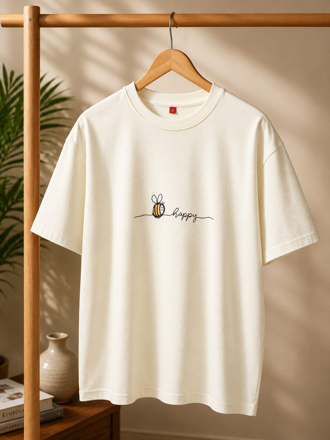 Be Happy Minimal Embroidered Oversized T-Shirt