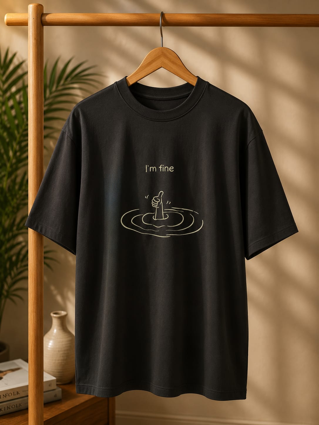 Black t-shirt with 'I'm fine' graphic on a wooden hanger against a neutral background