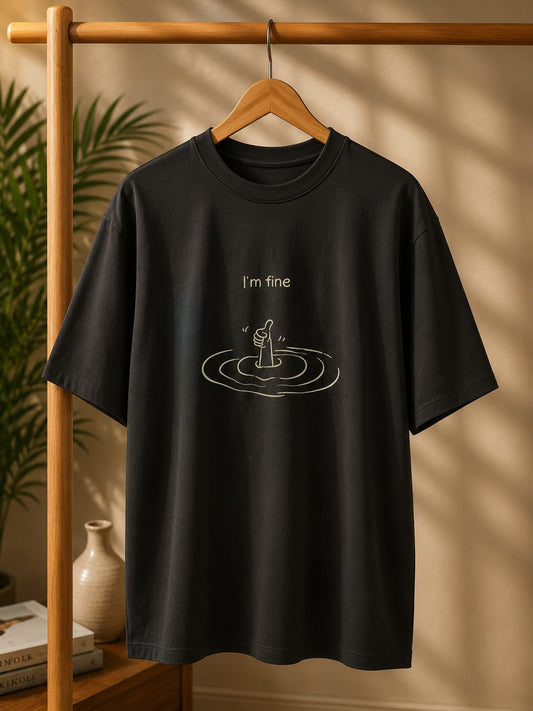 Black t-shirt with 'I'm fine' graphic on a wooden hanger against a neutral background