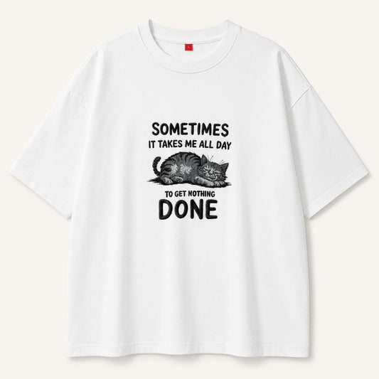 White Cat Embroidered Oversized T-Shirt for Men – Sometimes It Takes Me All Day