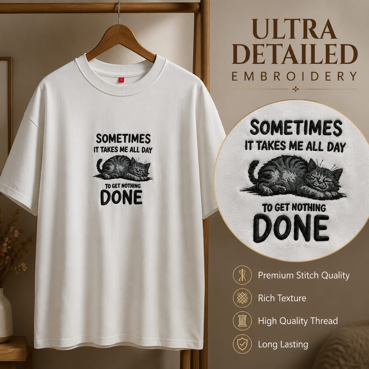 White short-sleeve crewneck T-shirt hanging on a wooden hanger, featuring a black embroidered graphic of a sleeping cat with the text 'SOMETIMES IT TAKES ME ALL DAY TO GET NOTHING DONE'. A circular inset on the right shows a close-up of the embroidery detail, accompanied by marketing text about premium stitch quality.