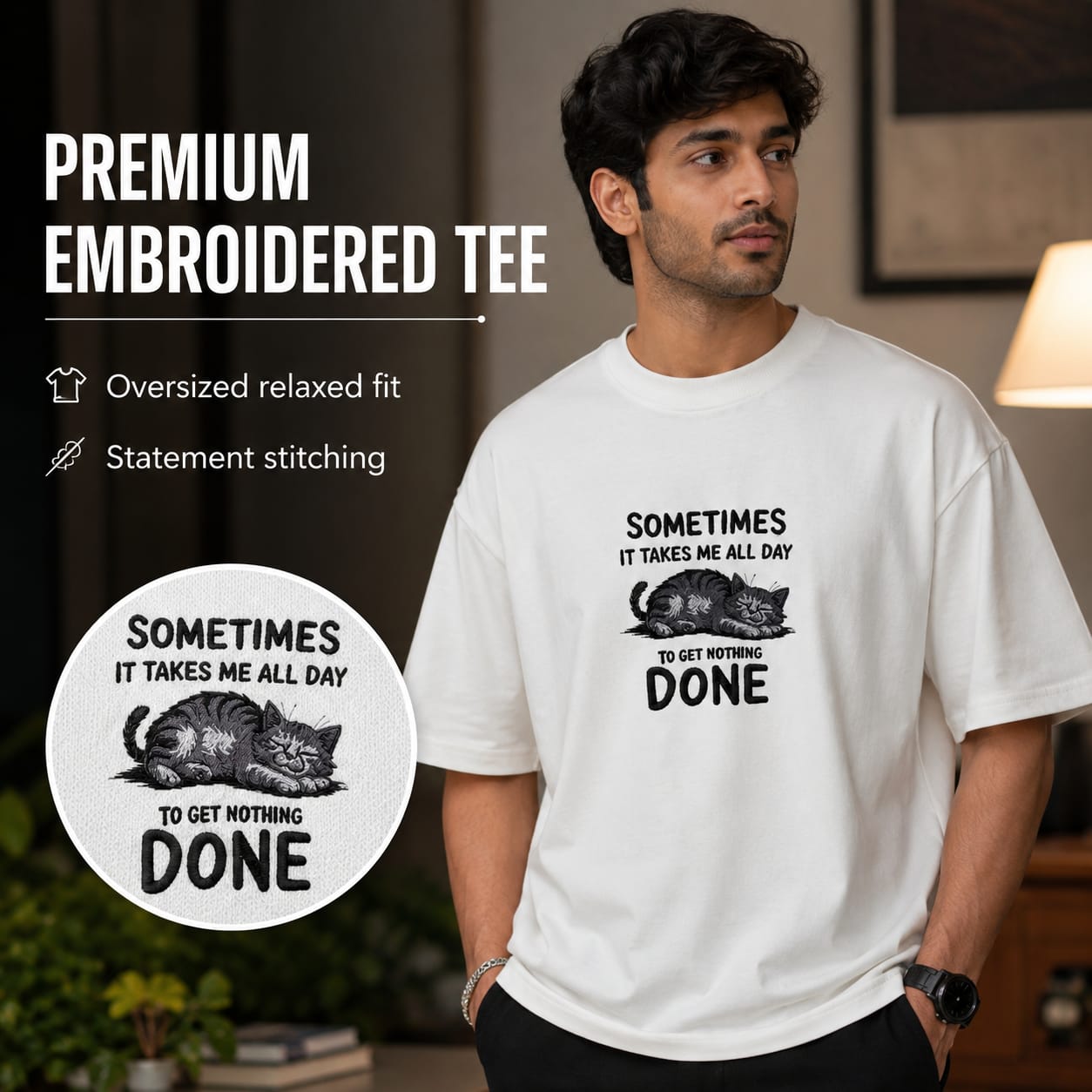 A man wearing a white oversized embroidered t-shirt with a black cat graphic and the text 'SOMETIMES IT TAKES ME ALL DAY TO GET NOTHING DONE'. The image includes marketing text on the left detailing the product features and a circular zoom-in of the embroidery.
