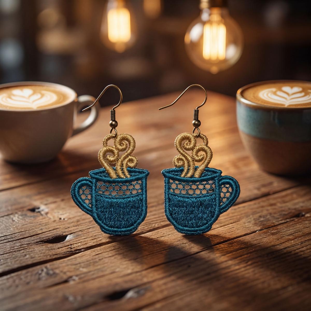 Blue coffee cup earrings on a wooden surface with coffee cups in the background