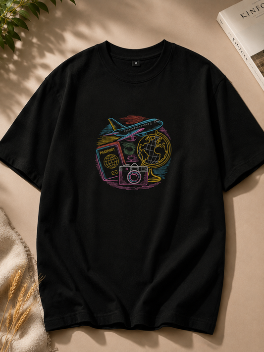 Black t-shirt with colorful graphic design on a beige surface