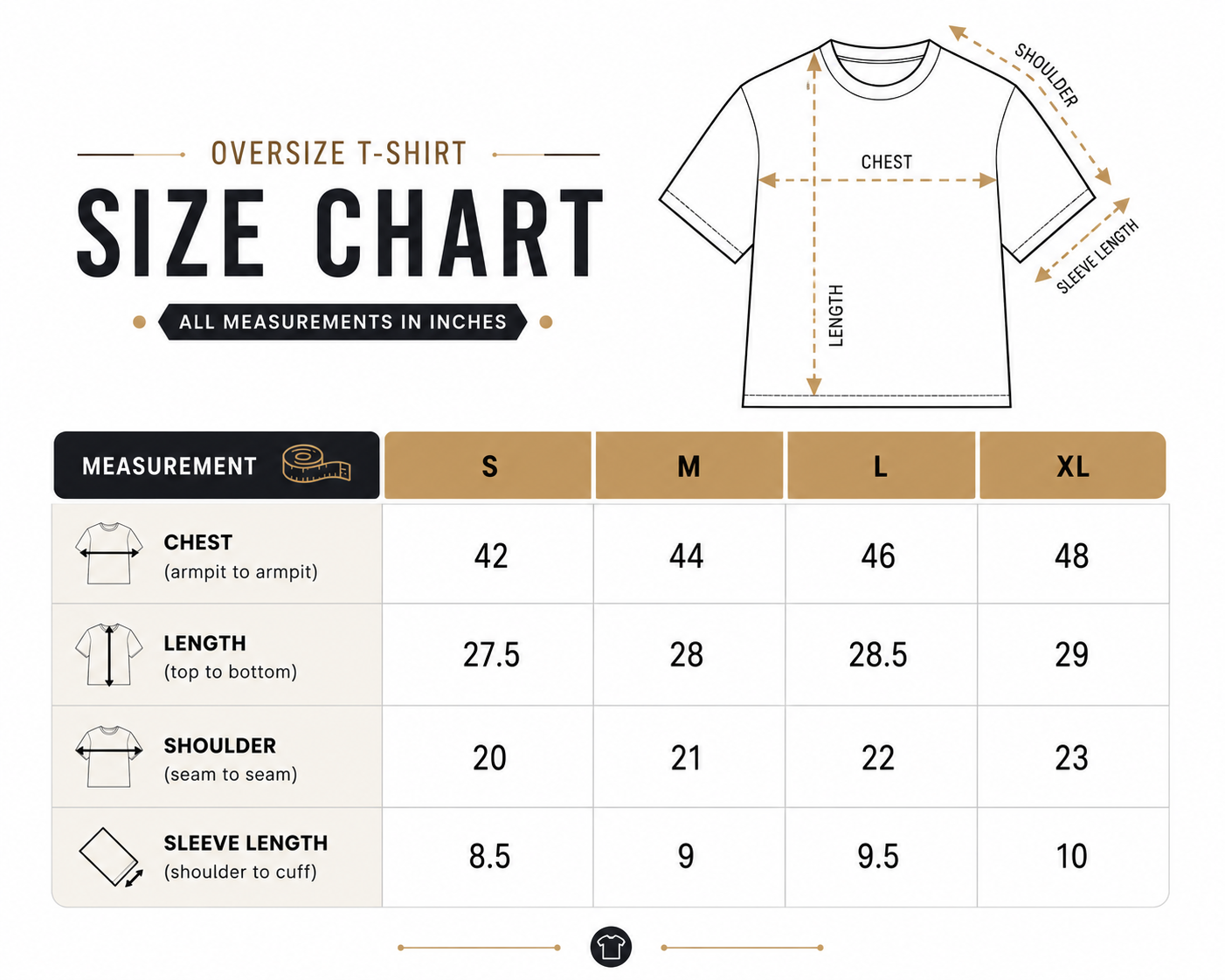 Oversize T-shirt size chart graphic with a measurement diagram of a T-shirt and a size table for S, M, L, and XL, showing chest, length, shoulder, and sleeve length in inches.
