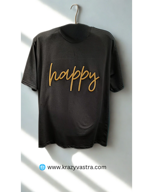 Brown oversized unisex t-shirt with raised gold 3D embroidery that reads 'happy', from Krazyvastra premium streetwear collection